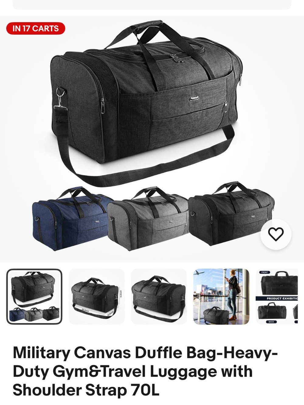 Heavy-Duty Black Canvas Duffle Bag with Shoulder Strap